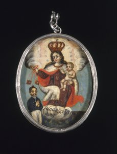 Médaillon peint dans un cadre de médaillon (recto : Notre-Dame du Mont Carmel avec une figure de donateur masculin, verso : Archange)